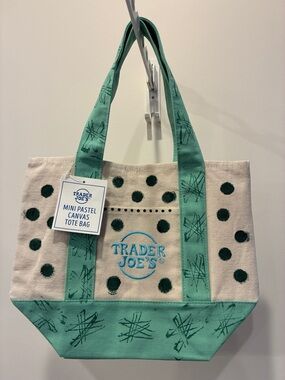 Trader Joe's Hand printed Mini Pastel Canvas Tote Bag in Mint Green and Cream
